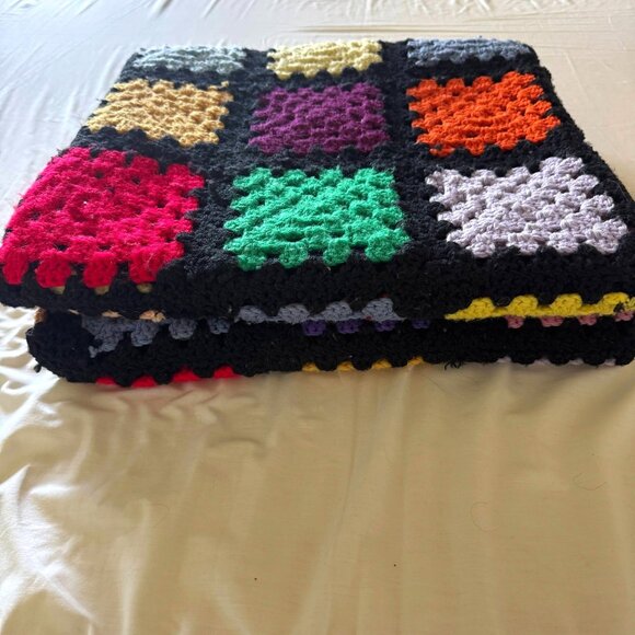 Handmade Multicolor Crochet Granny Square Blanket Throw 56" X 69" Black Border - Picture 12 of 14